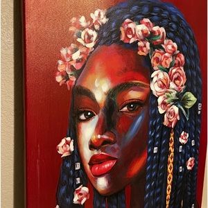 36x 24 canvas painting of woman with long braids wearing a floral crown.